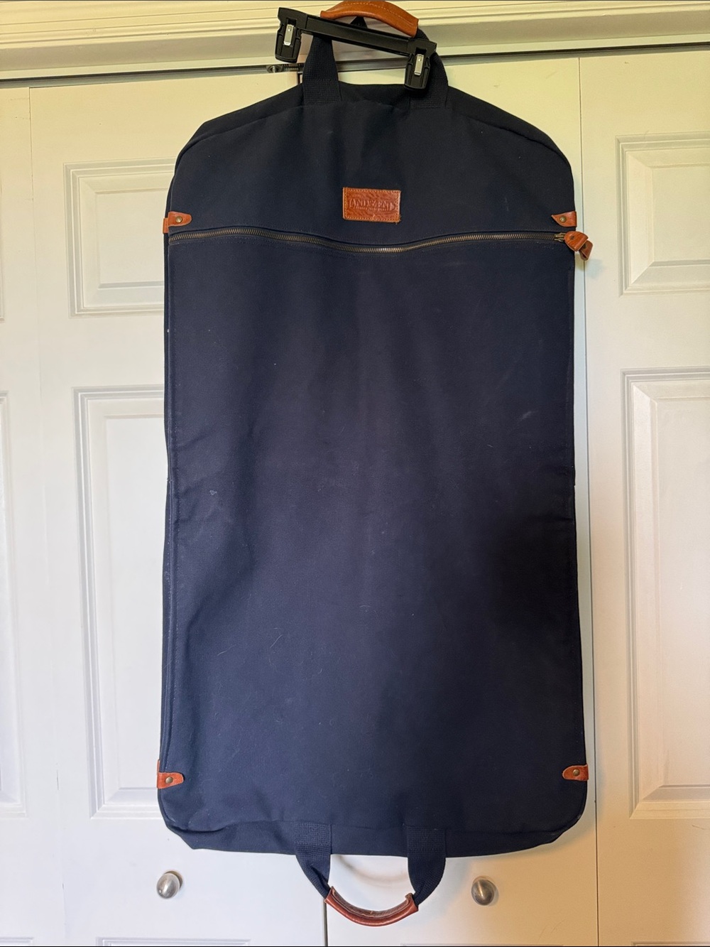 Vtg Land’s End USA Made Garment Bag Navy /Leather Trim Travel Suit Dress Carrier